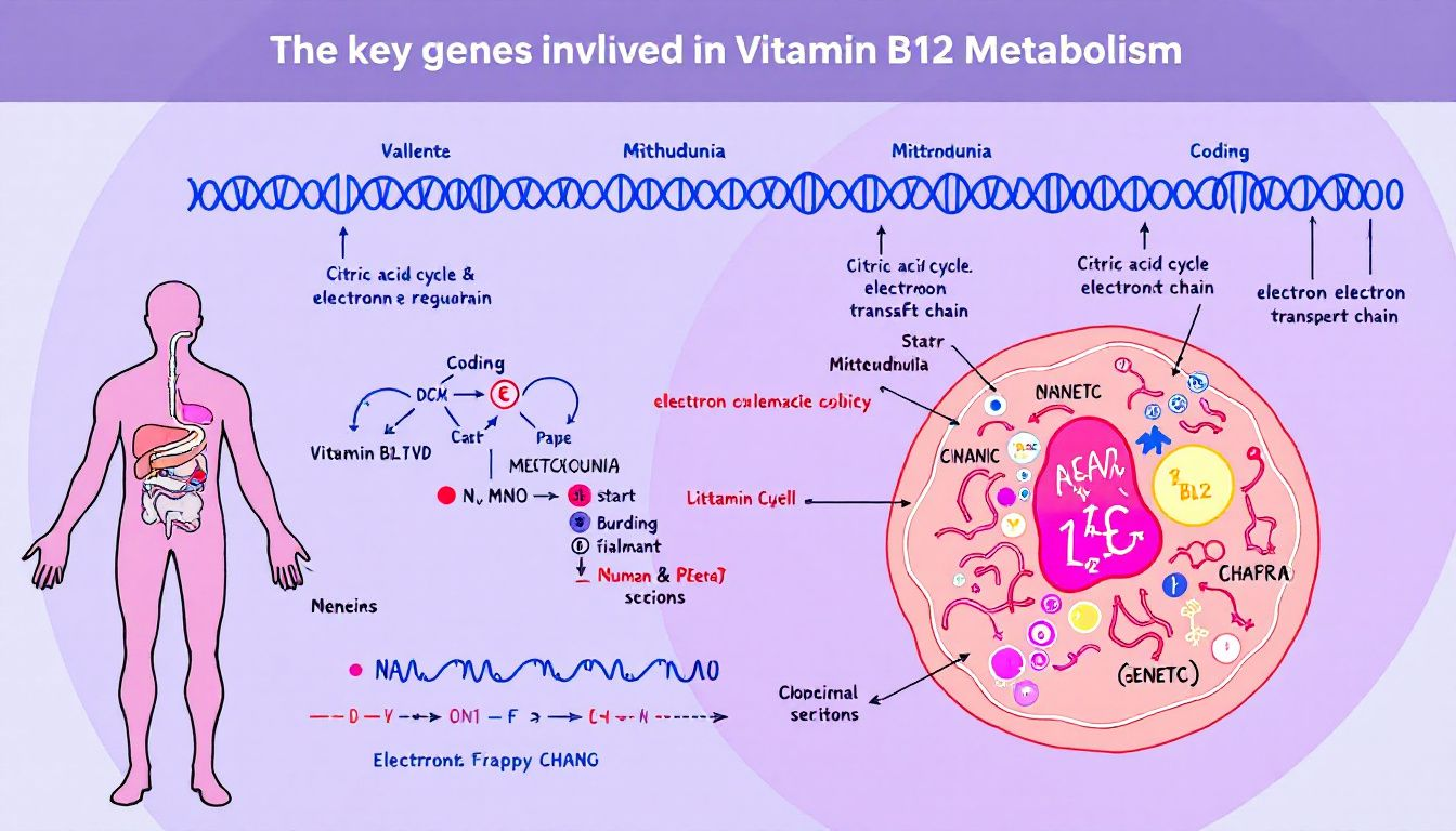 Diagram of key genes involved in vitamin B12 metabolism.