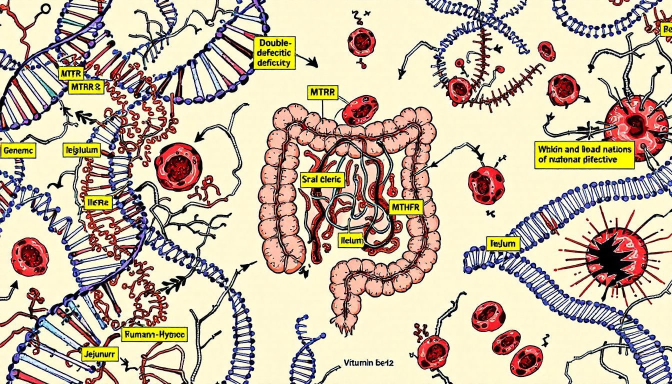 Illustration of genetic factors influencing vitamin B12 deficiency.